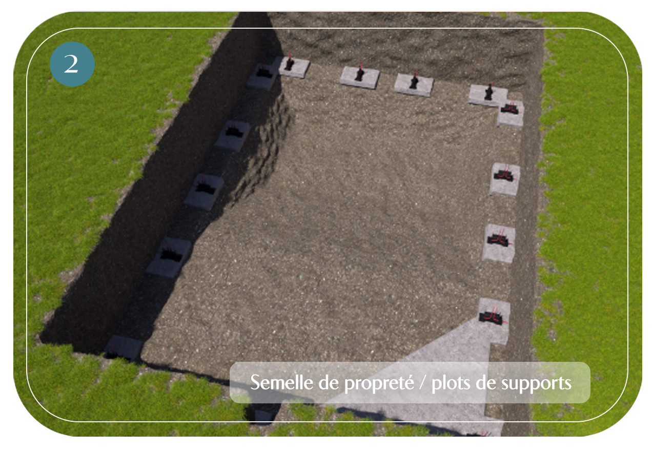 étape 2 de construction des piscines par BCC Piscines des piscines Dugain, semelles de propreté et plts de supports