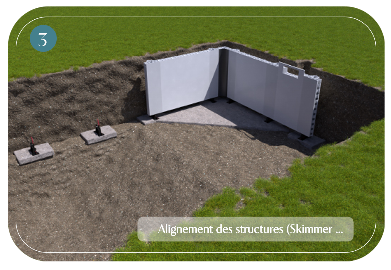 étape 3 de la construction de piscine par BCC Piscines des piscines Dugain, alignement des structures (skimmer, projeteur, pré installés en usine)