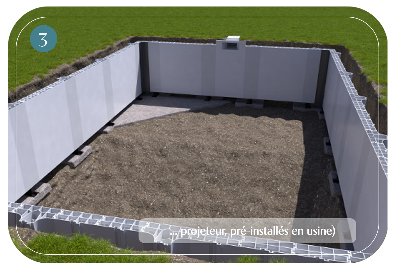étape 3 de la construction de piscine par BCC Piscines des piscines Dugain, alignement des structures (skimmer, projeteur, pré installés en usine)