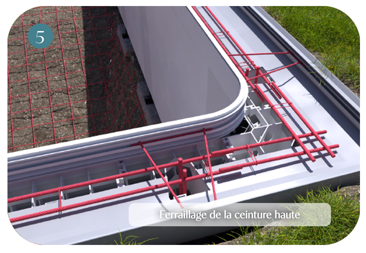 étape 5 de la construction de piscine par BCC Piscines des piscines Dugain en Normandie : Ferraillage de la ceinture haute